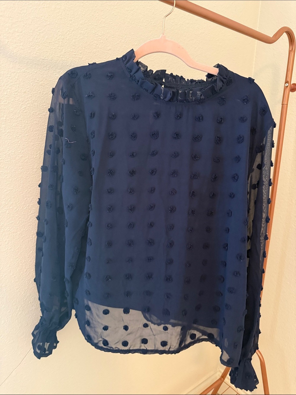 She + Sky Navy Swiss Dot Ruffle-Neck Blouse